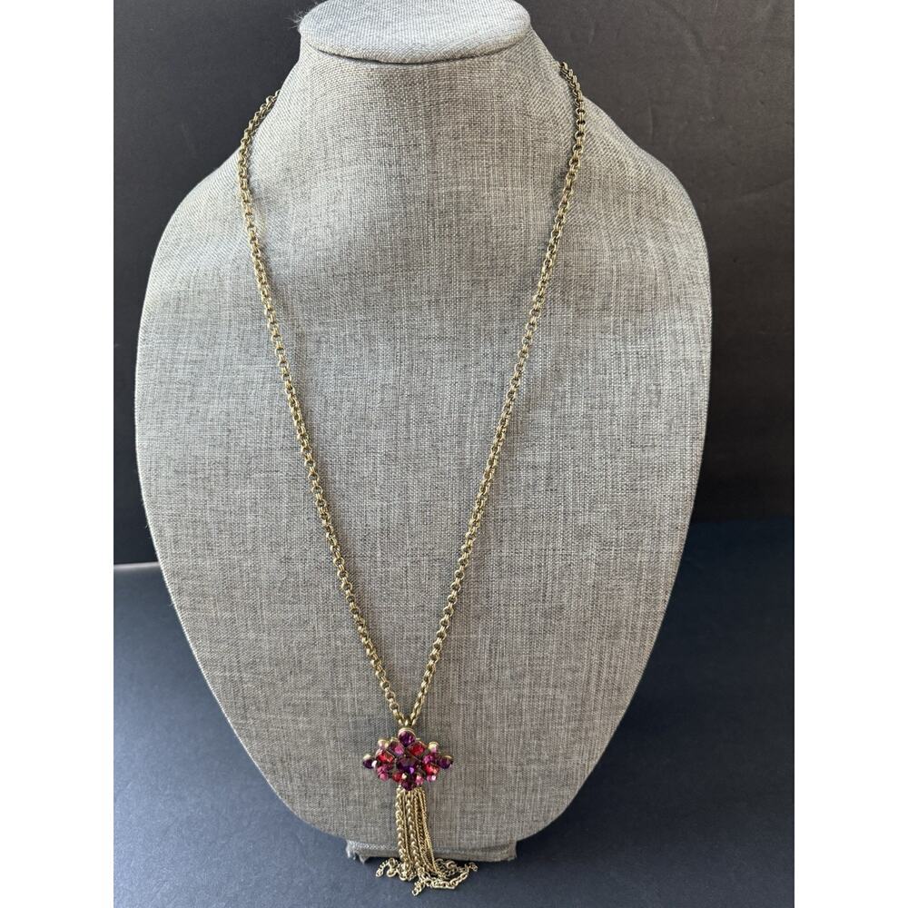 Vintage Tassel Pendant Rhinestone Statement Necklace Gold Tone Long Pink Purple